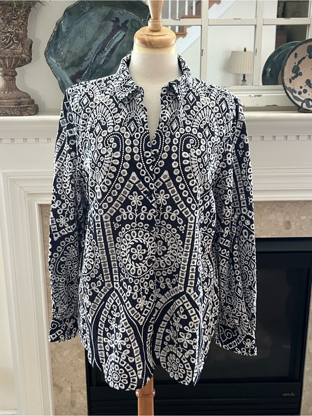 Chico's Navy and White Eyelet-Print Billowy Button Shirt - Picture 5 of 12